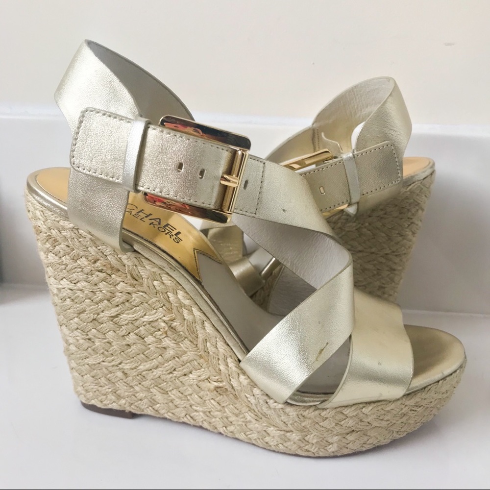 Micheal Kors Gold Espadrilles Wedges Shoes 6